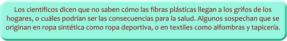 Los cientficos dicen que no saben cmo las fibras plsticas llegan a los grifos de los hogares, o cules podran ser las consecuencias para la salud. Algunos sospechan que se originan en ropa sinttica como ropa deportiva, o en textiles como alfombras y tapicera.